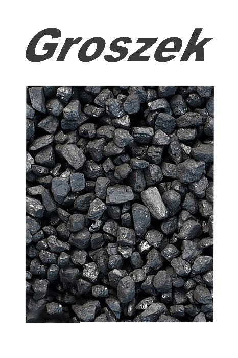 Błyszczący ekogroszek o nieregularnych kształtach, wypełniający kadr, z napisem 'Groszek' u góry. Prezentacja węgla kamiennego o wysokiej wartości opałowej.