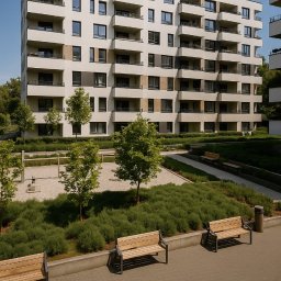 BM Elewacja Grup - Nowoczesny budynek wielorodzinny z balkonami, widok z poziomu terenu na elewację i zagospodarowanie terenu zielonego z ławkami. Jasna kolorystyka budynku.