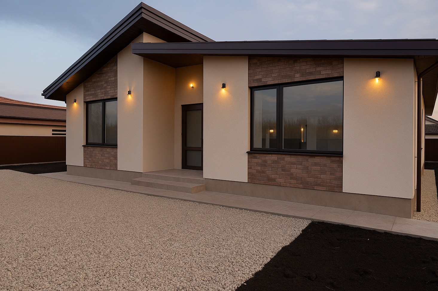 Nowoczesny dom jednorodzinny z beżową elewacją i elementami z cegły. Oświetlenie zewnętrzne podkreśla architekturę. Widoczne okna z czarnymi ramami i wejście.