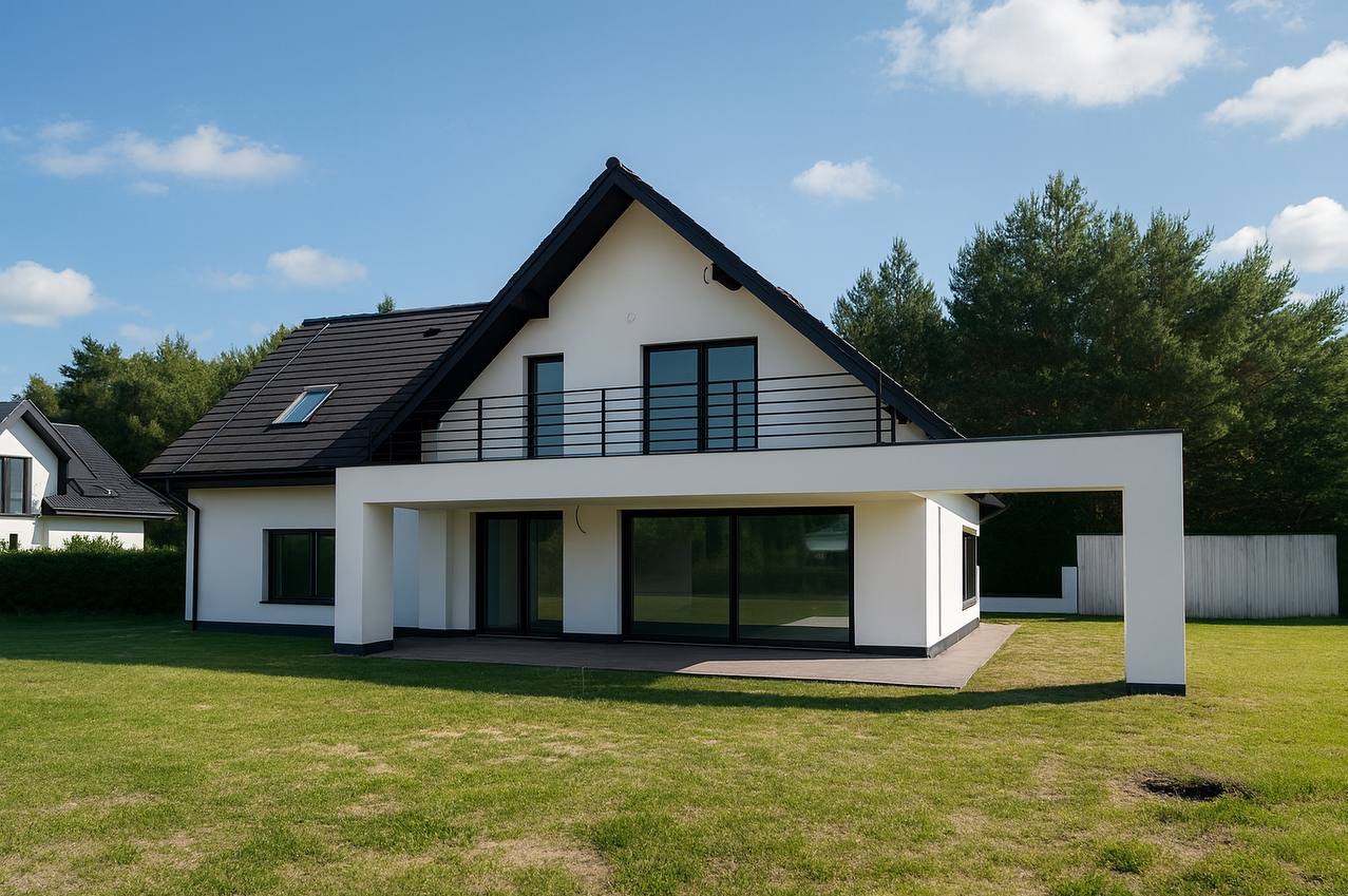 Nowoczesny dom jednorodzinny z białymi ścianami i czarnym dachem, balkon z metalową balustradą, duże okna, otoczony zielonym trawnikiem i drzewami w tle.