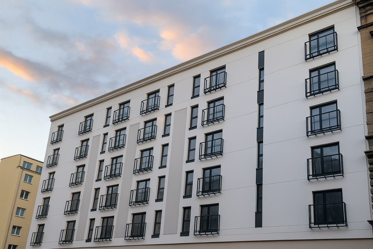 Biała elewacja budynku wielorodzinnego z balkonami, widok z dołu na tle nieba z delikatnymi chmurami o zachodzie słońca. Minimalistyczny design z czarnymi ramami okien.