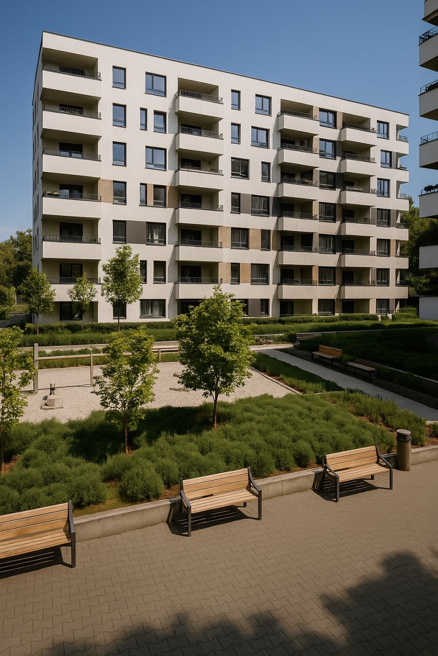 Nowoczesny budynek wielorodzinny z balkonami, widok z poziomu terenu na elewację i zagospodarowanie terenu zielonego z ławkami. Jasna kolorystyka budynku.