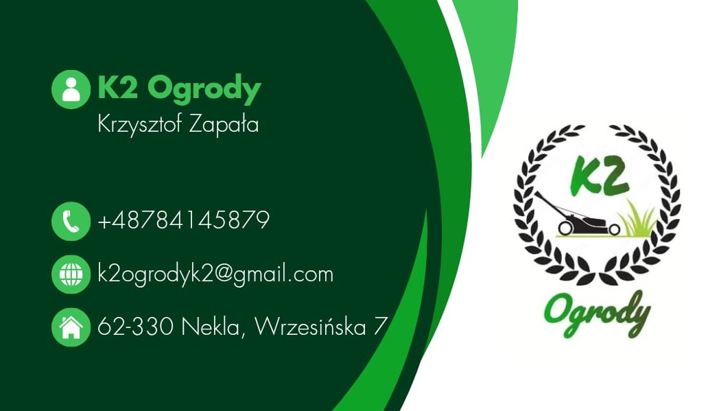 Wizytówka firmy K2 Ogrody z logotypem kosiarki w wieńcu, danymi kontaktowymi i adresem w Nekli. Dominują zielenie i biel.