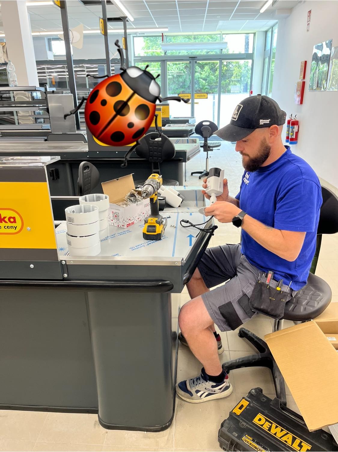 Instalator montuje kamerę monitoringu na stanowisku kasowym w sklepie. Widoczna wiertarka, uchwyty i narzędzia. Nietypowe miejsce instalacji.