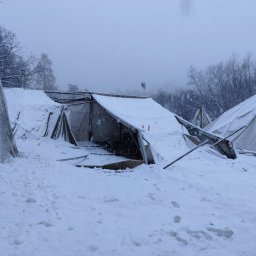 Krzysztof Krankowski - Zasypana śniegiem konstrukcja, prawdopodobnie namiotowa, z widocznymi elementami metalowymi i materiałowymi. W tle drzewa i szara, zimowa aura.