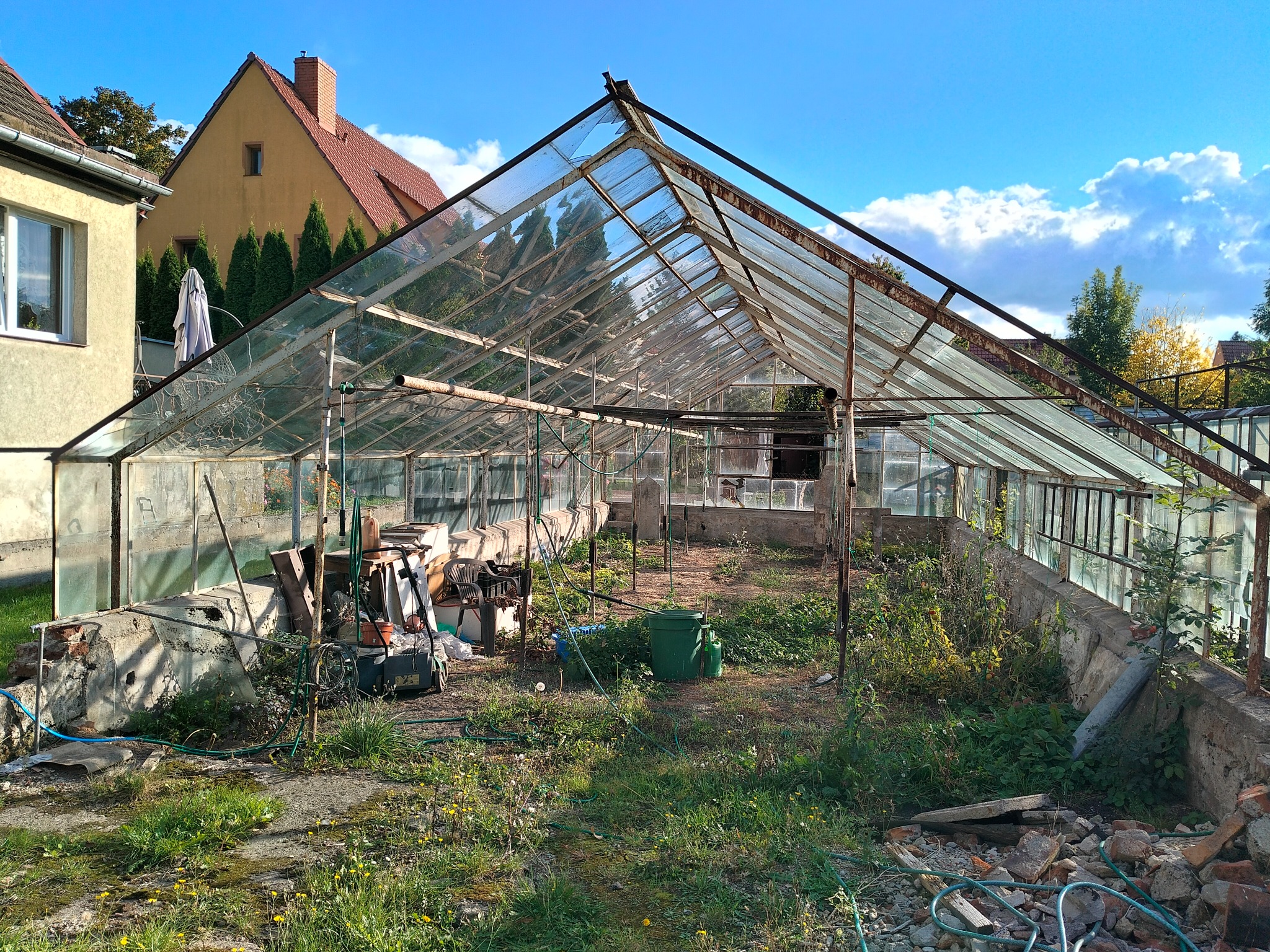Zrujnowana szklarnia z resztkami szkła i zarośniętym wnętrzem, na tle budynku mieszkalnego i błękitnego nieba. Widoczne gruz i narzędzia ogrodnicze.