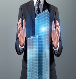 Mężczyzna w garniturze prezentuje wizualizację nowoczesnego biurowca, symbolizując zarządzanie nieruchomościami lub usługi dla firm.