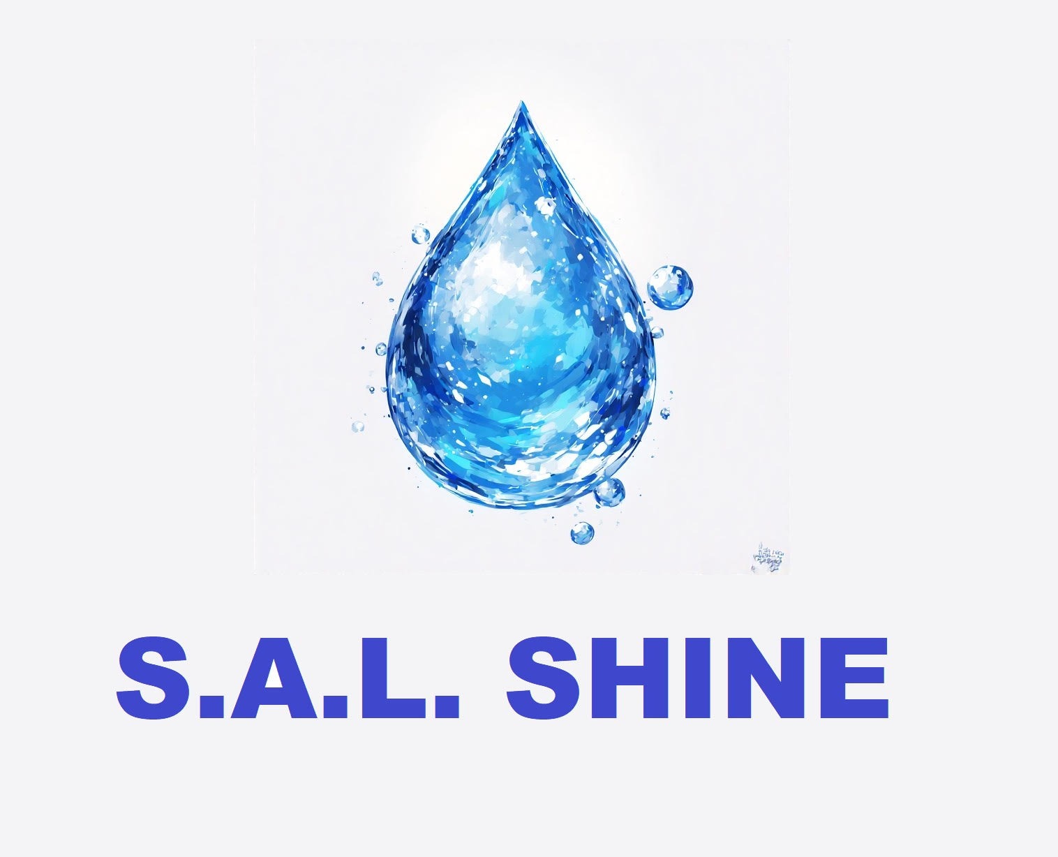 Ilustracja kropli wody w odcieniach błękitu, z napisem 'S.A.L. SHINE' poniżej, na jasnym tle. Grafika o wysokim kontraście i wyraźnych detalach.