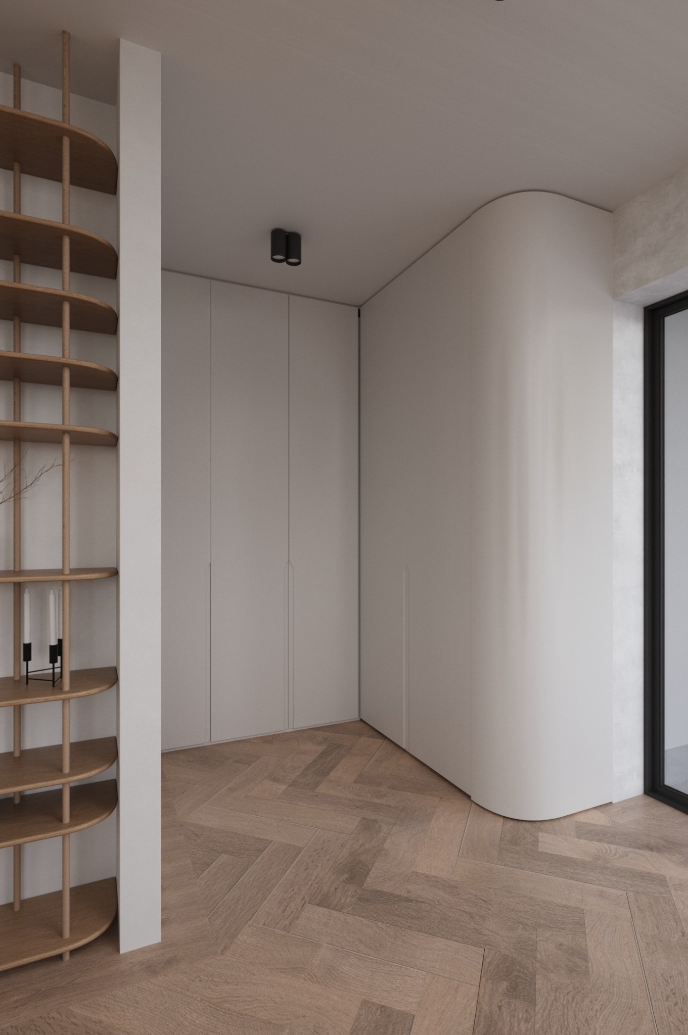 Minimalistyczne wnętrze: parkiet w jodełkę, białe szafy wnękowe, zaokrąglona ściana i drewniany regał z dekoracjami. Nowoczesny design z subtelnym oświetleniem.