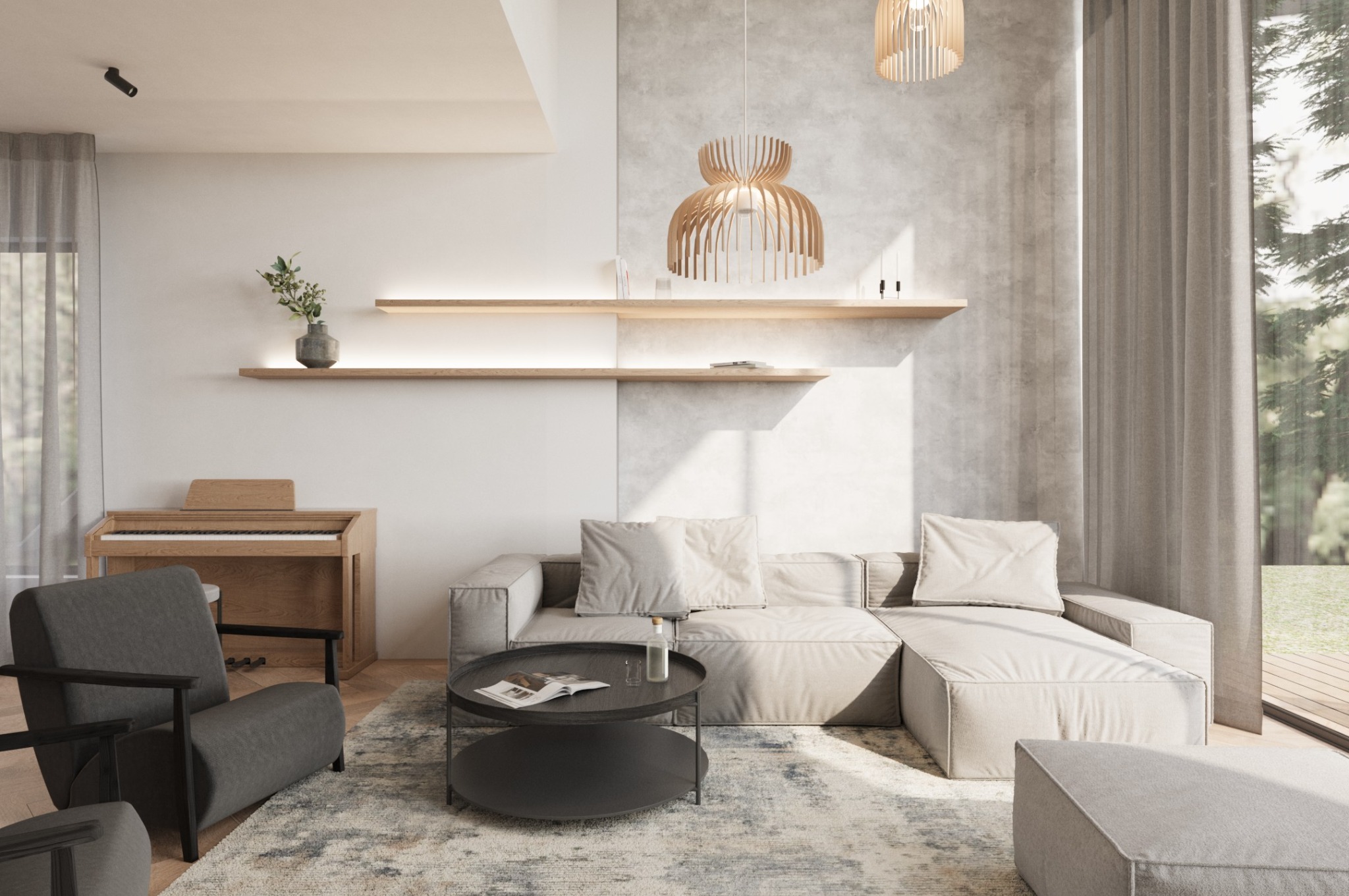 Jasne wnętrze salonu z sofą modułową, drewnianym pianinem i designerskimi lampami. Minimalistyczny styl z akcentami naturalnego drewna i subtelnego oświetlenia.