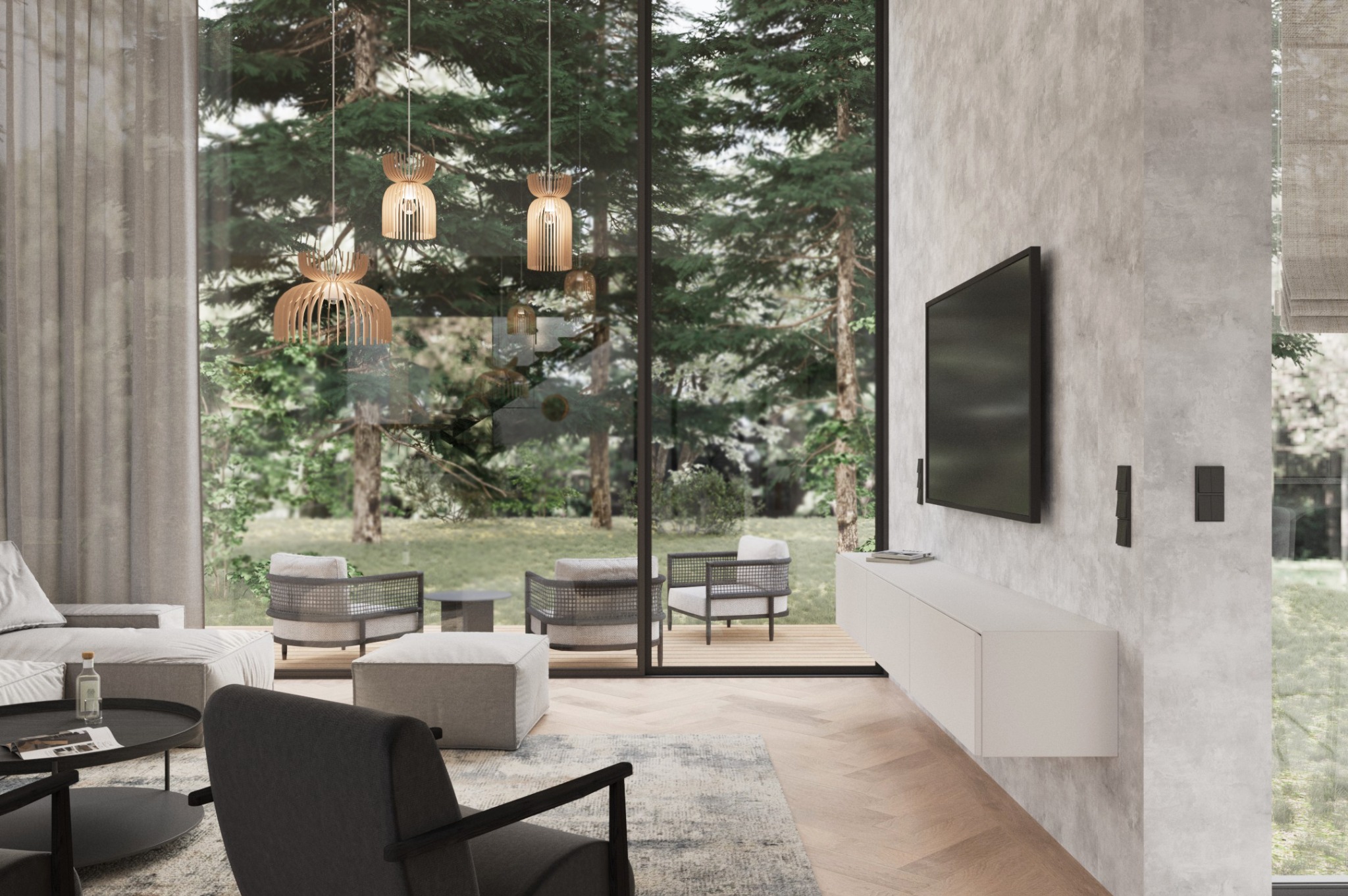 Nowoczesny salon z dużym oknem na ogród. Minimalistyczny design, szara sofa, drewniane lampy wiszące. Telewizor na ścianie o fakturze betonu. Parkiet w jodełkę.