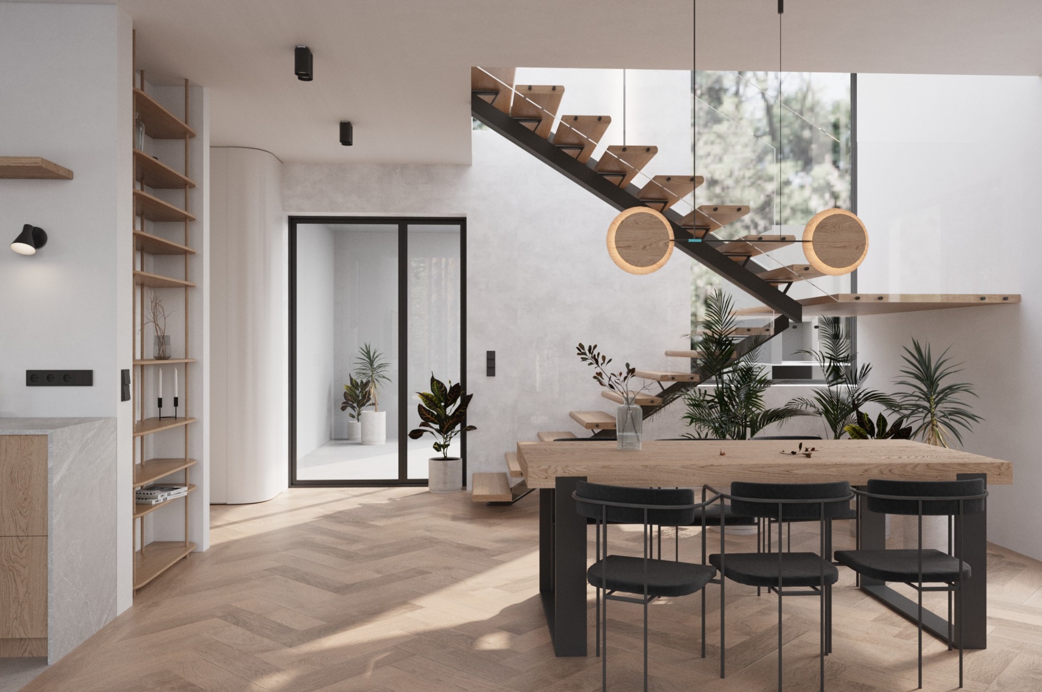 Jasne wnętrze z drewnianą podłogą w jodełkę, schodami z podświetleniem i stołem z czarnymi krzesłami. Minimalistyczny design z roślinami doniczkowymi.
