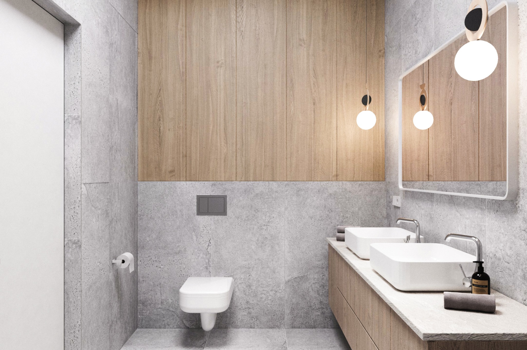 Nowoczesna łazienka z drewnianą ścianą, podwójną umywalką i okrągłymi lampami. Szare płytki imitujące beton. Minimalistyczny design z akcentami drewna.