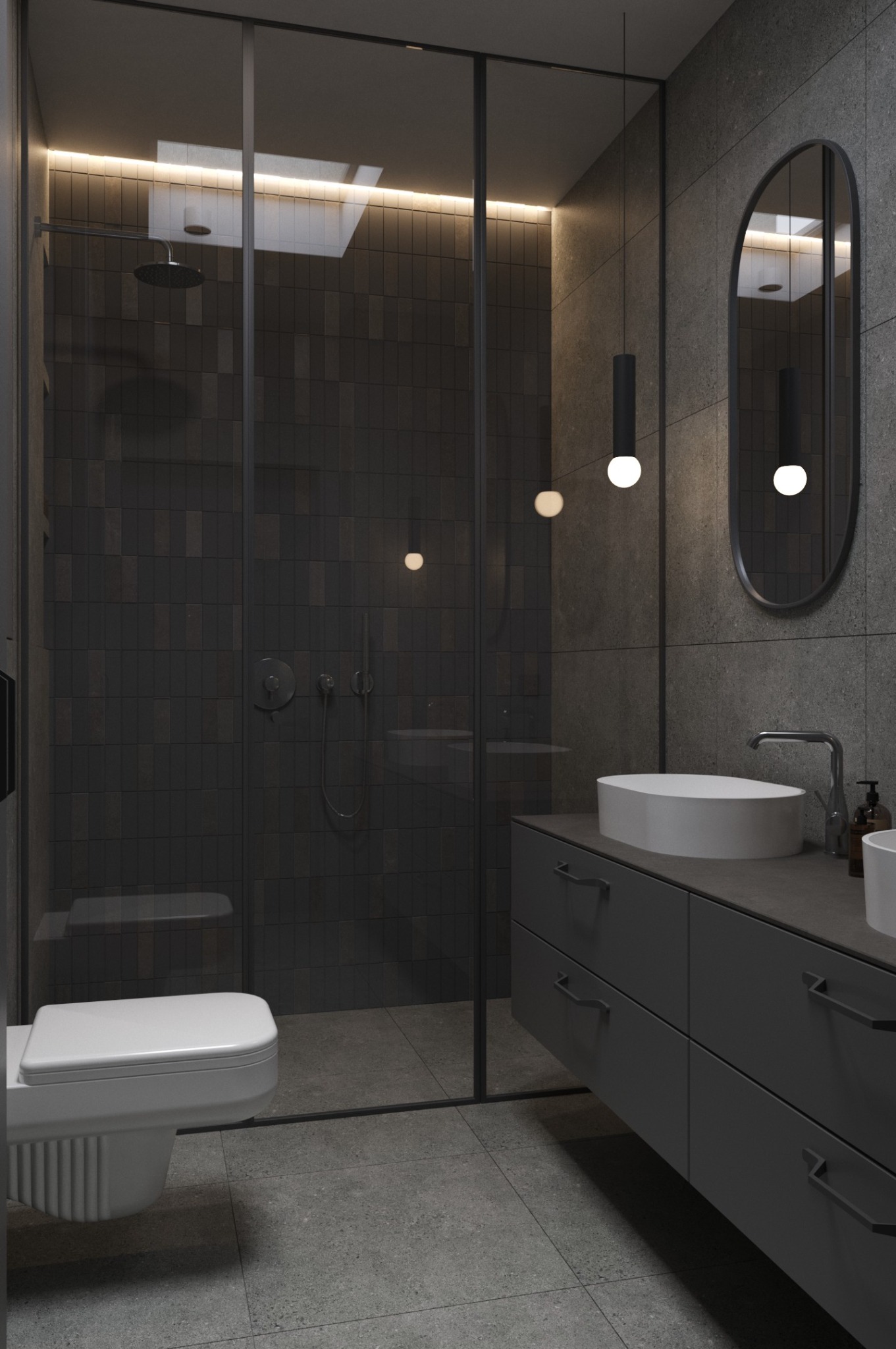 Nowoczesna łazienka w odcieniach szarości z kabiną prysznicową typu walk-in, podwieszaną toaletą i owalnym lustrem. Minimalistyczne oświetlenie punktowe.