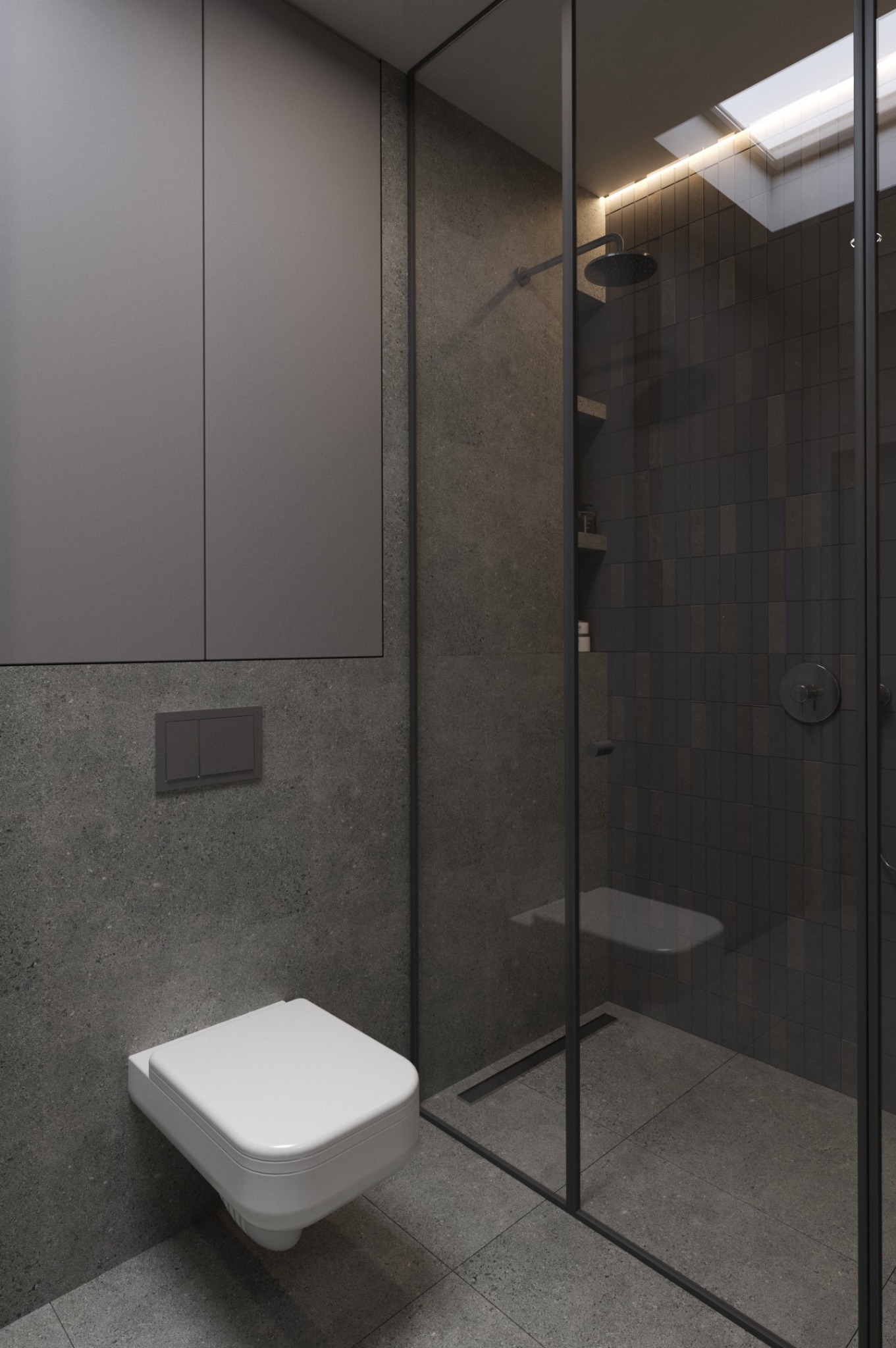 Nowoczesna łazienka w odcieniach szarości z kabiną prysznicową typu walk-in i podwieszaną toaletą, zrealizowana w Warszawie. Minimalistyczny design, eleganckie wykończenie.