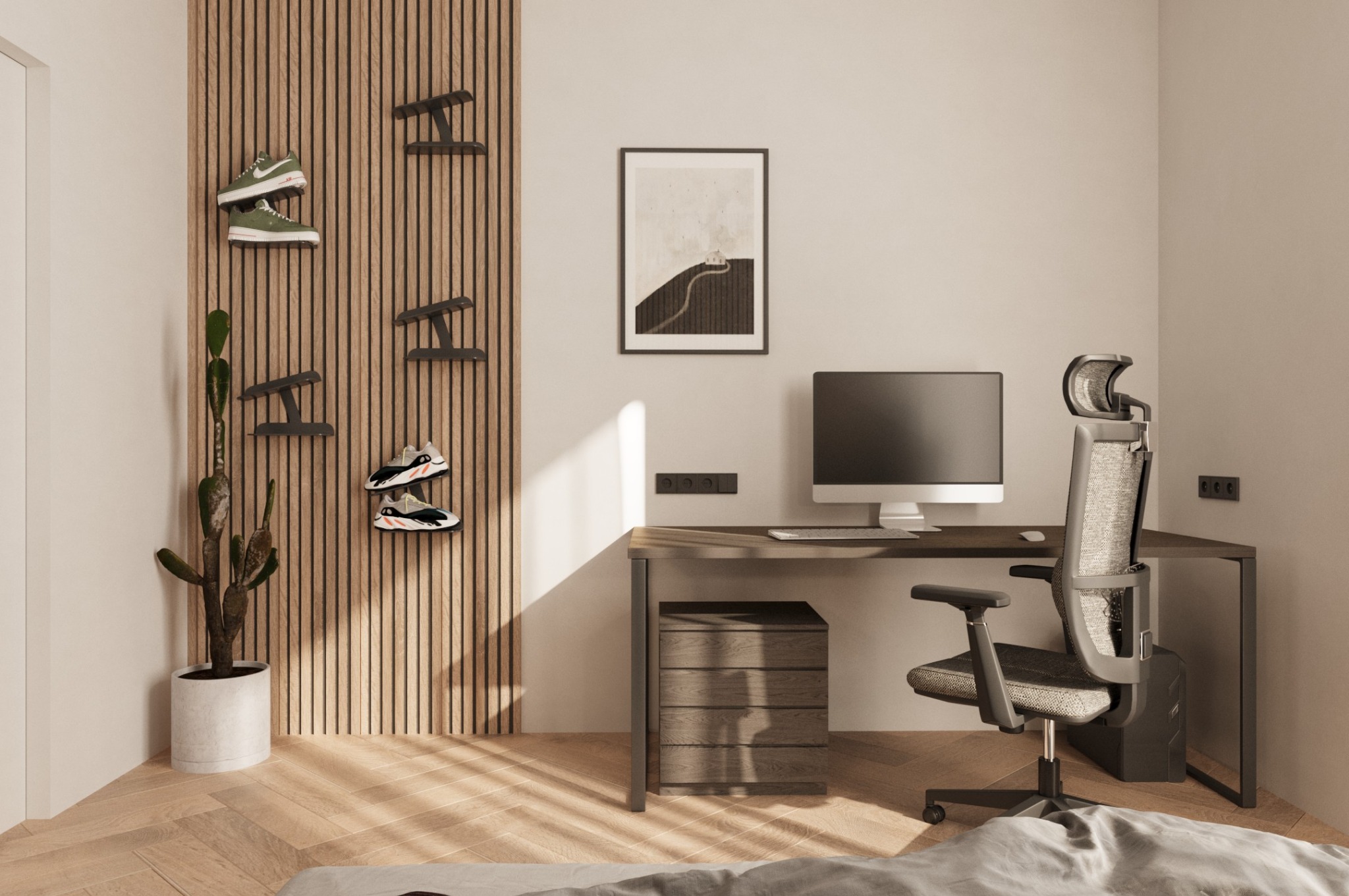 Nowoczesny pokój z biurkiem, krzesłem ergonomicznym i ścianą z drewnianych paneli. Na ścianie półki na buty i grafika w ramie. Minimalistyczny wystrój.
