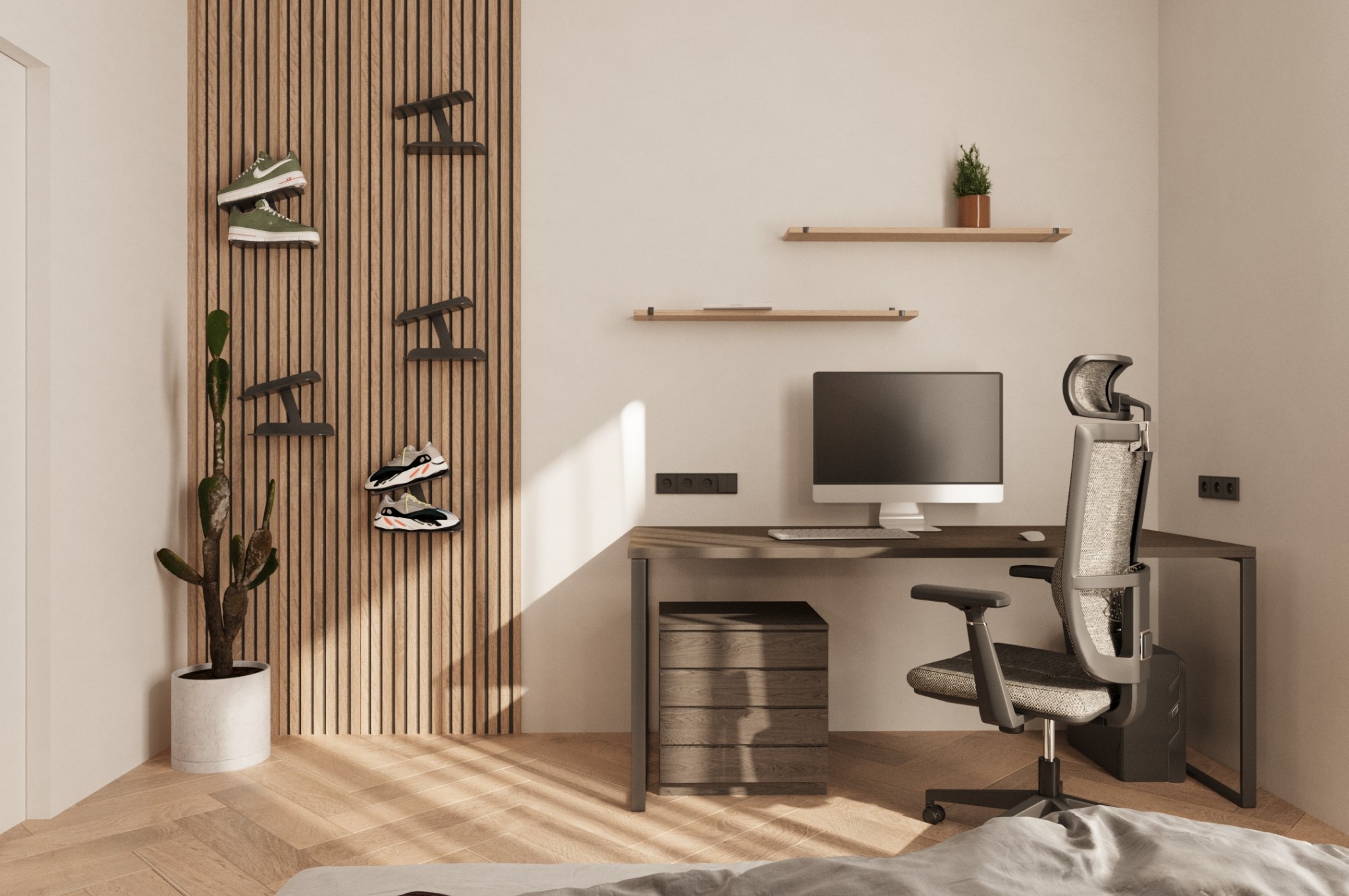 Nowoczesny pokój z biurkiem, krzesłem ergonomicznym i ścianą z drewnianych paneli. Na ścianie półki na buty i kaktus w doniczce. Minimalistyczny design, ciepłe oświetlenie.