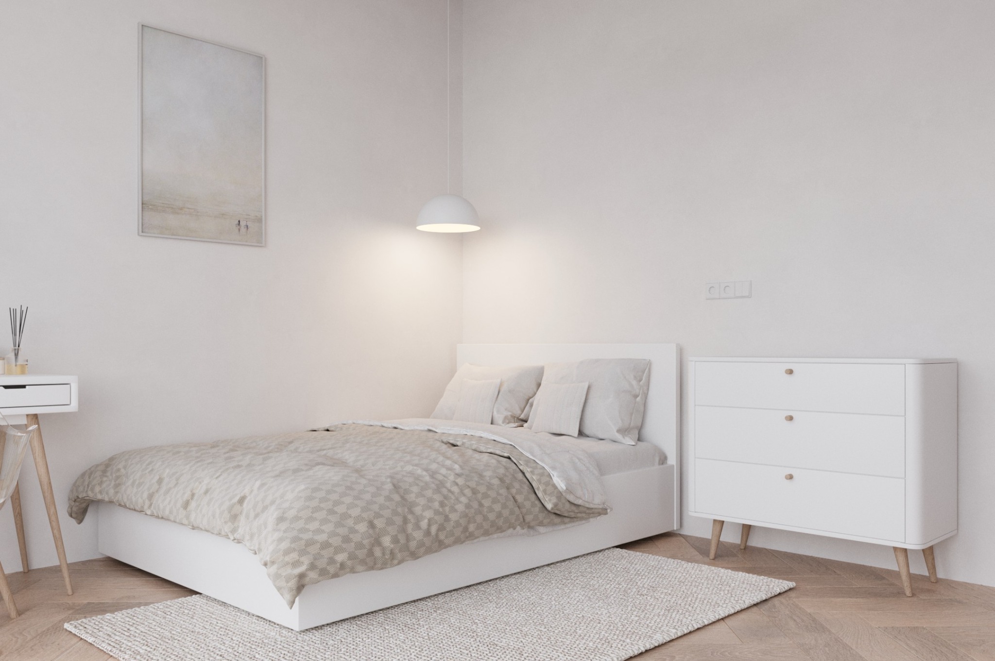 Jasna sypialnia w minimalistycznym stylu: białe meble, łóżko z wzorzystą pościelą, dywan i obraz na ścianie. Delikatne oświetlenie podkreśla spokojny charakter wnętrza.
