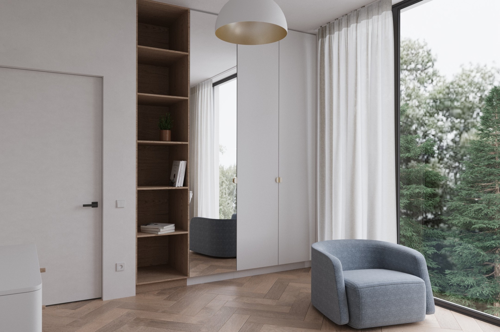 Jasne wnętrze z parkietem w jodełkę: regał z książkami, lustro w zabudowie, minimalistyczna szafa i fotel na tle okna z widokiem na zieleń.