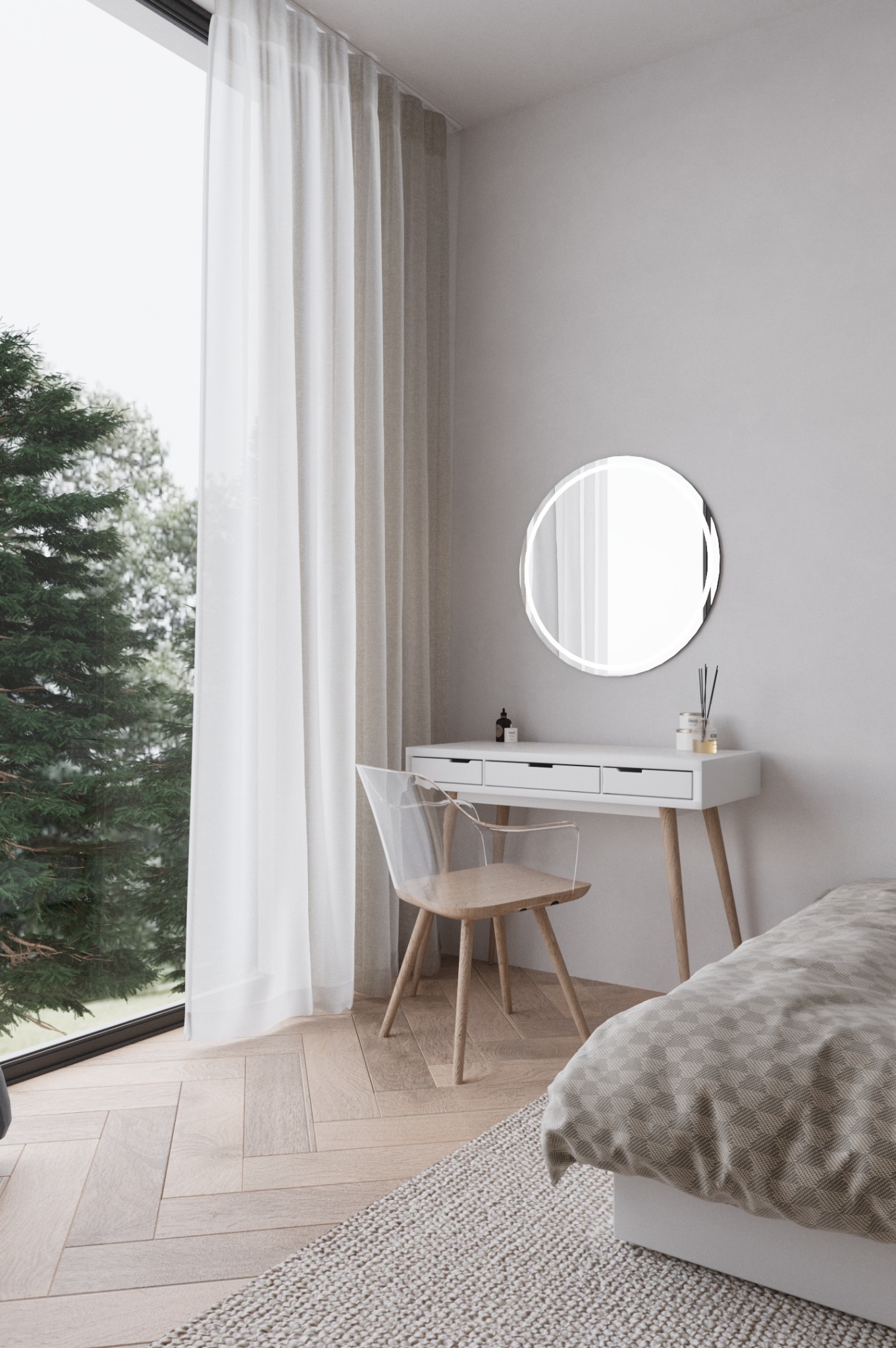 Jasna sypialnia z toaletką, okrągłym lustrem z podświetleniem LED i przezroczystym krzesłem. Za oknem widok na zieleń. Parkiet na podłodze.