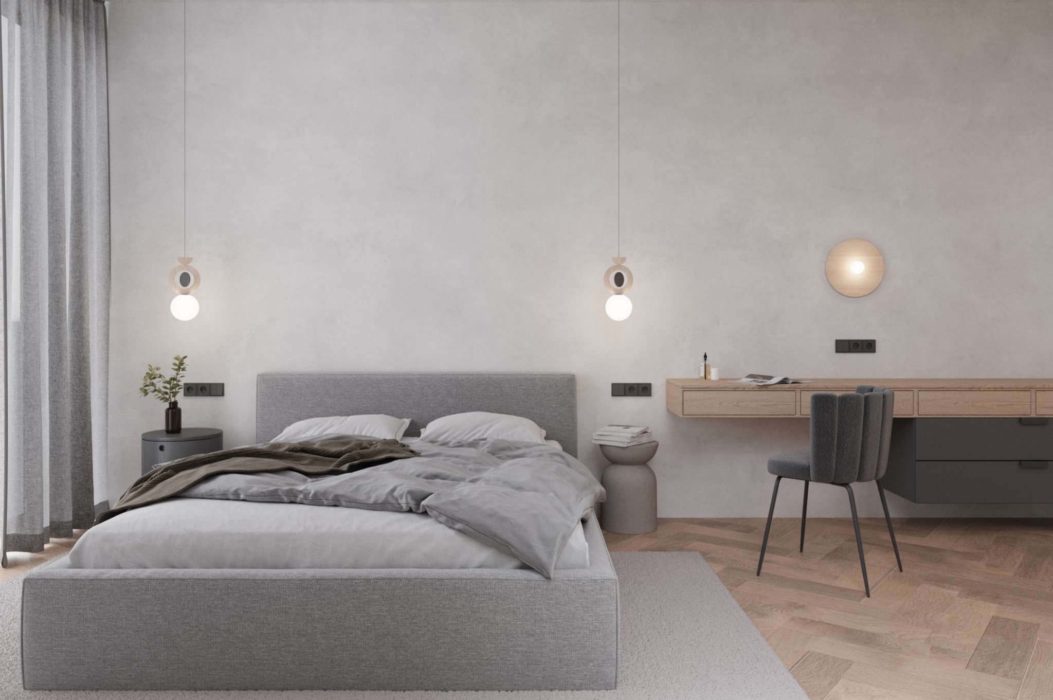 Nowoczesna sypialnia w stonowanych szarościach: łóżko z tapicerowanym zagłówkiem, drewniana toaletka z okrągłym lustrem i designerskie lampy wiszące.