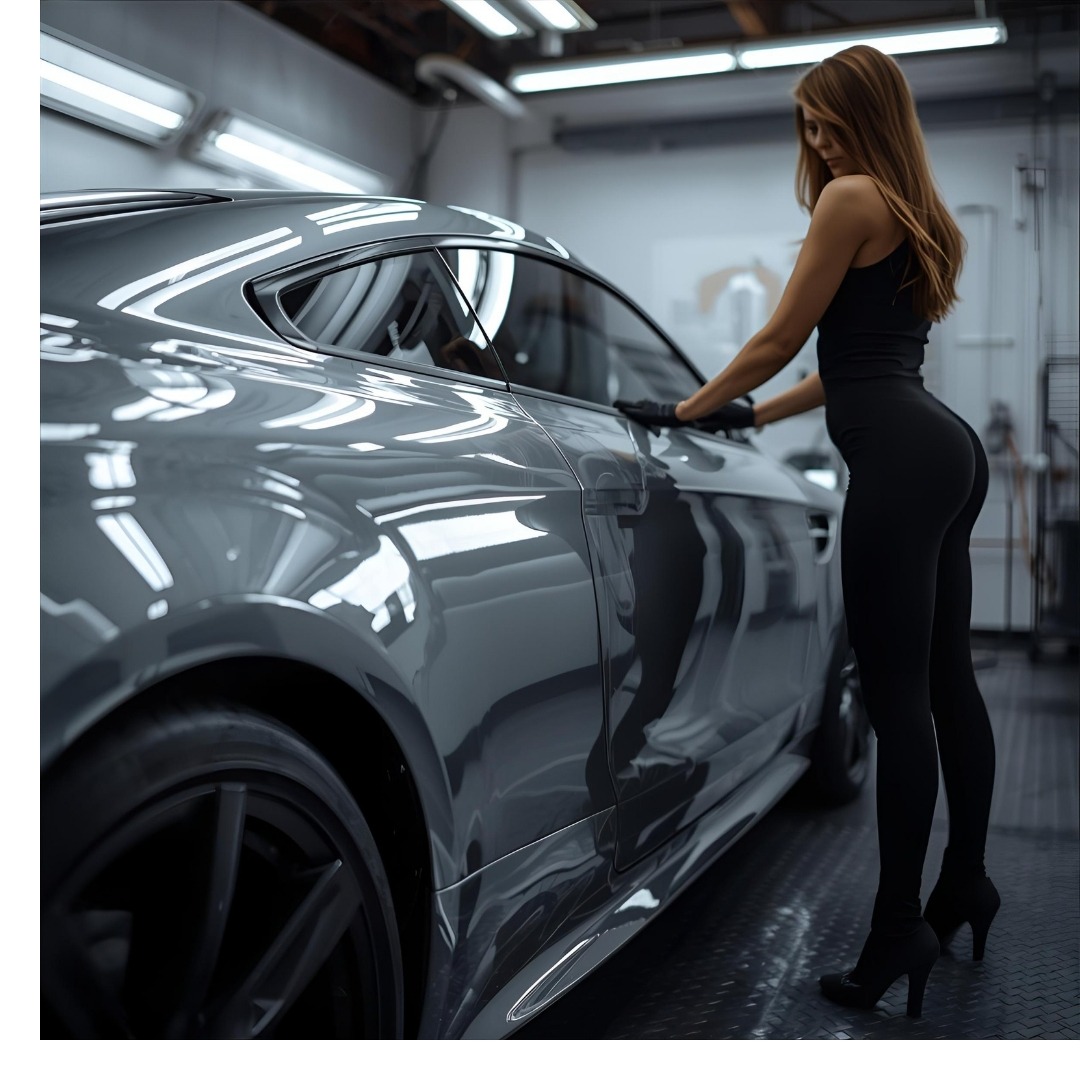 Błyszczący, szary sportowy samochód po detailingu w Tuchowicach, z kobietą w czarnym kombinezonie, która go poleruje. Oświetlenie studyjne podkreśla gładkość lakieru.