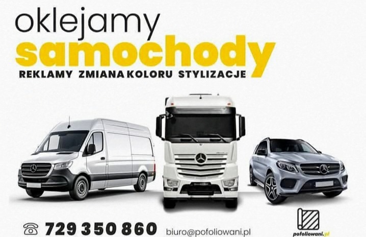 Flota pojazdów (van, ciężarówka, SUV) z informacją o oklejaniu, zmianie koloru i stylizacji. Kontakt telefoniczny i adres e-mail widoczne na dole zdjęcia.