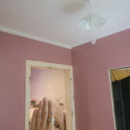 Tadeusz De - Różowa ściana po malowaniu z widocznym fragmentem dłoni w kadrze. W tle widoczne drzwi i lampa sufitowa. Całość w jasnym oświetleniu.