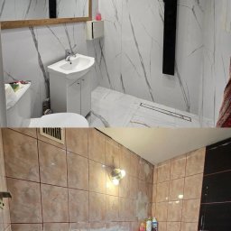 WinnerMMA - Zdjęcie 'przed i po' prezentujące metamorfozę łazienki: od starej, brązowej glazury do nowoczesnej, białej z marmurowym wzorem. Widoczne nowe sanitariaty i oświetlenie.