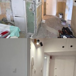 WinnerMMA - Zdjęcie 'przed i po' remontu przedpokoju: od surowych ścian z instalacjami do wykończonego wnętrza z gładzią, oświetleniem i nową podłogą.
