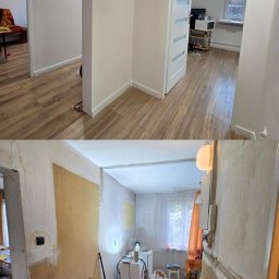 WinnerMMA - Zdjęcie 'przed i po' remontu korytarza: od surowych ścian z narzędziami do odnowionego wnętrza z drewnopodobną podłogą i białymi drzwiami z przeszkleniami.