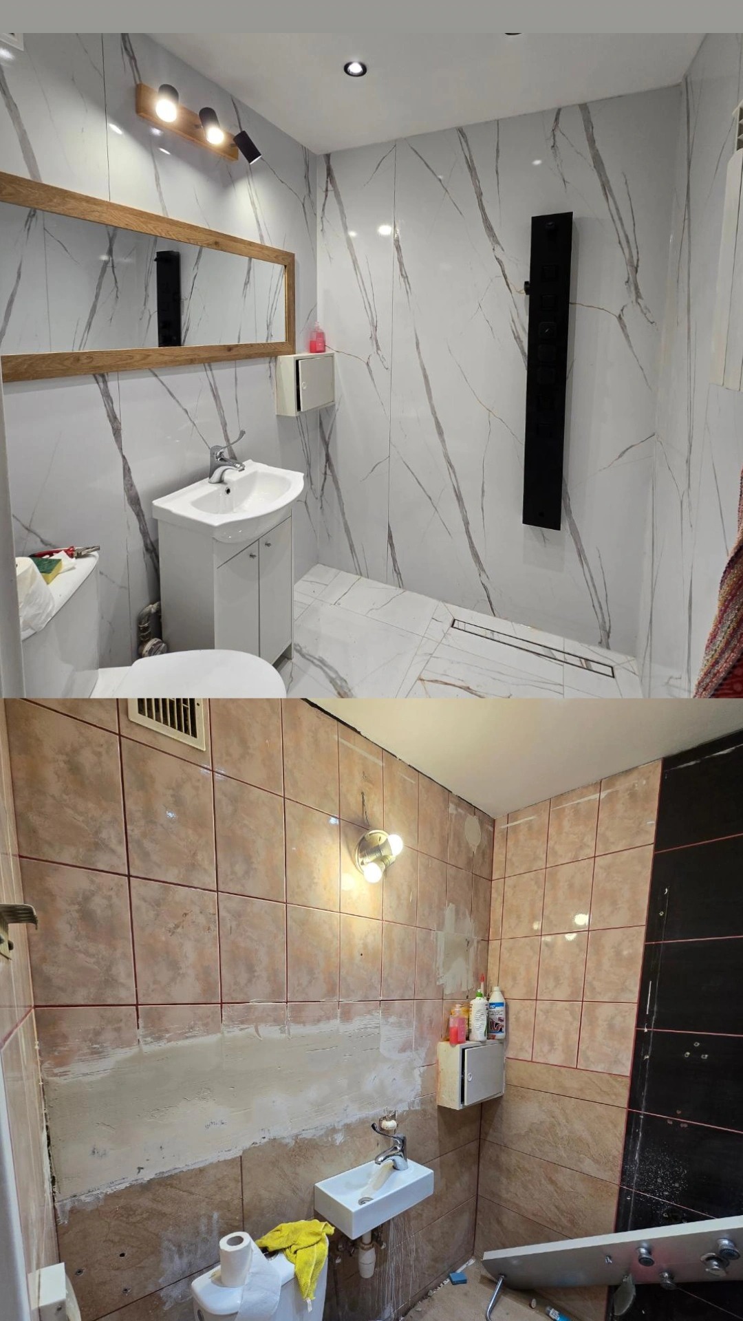 Zdjęcie 'przed i po' prezentujące metamorfozę łazienki: od starej, brązowej glazury do nowoczesnej, białej z marmurowym wzorem. Widoczne nowe sanitariaty i oświetlenie.