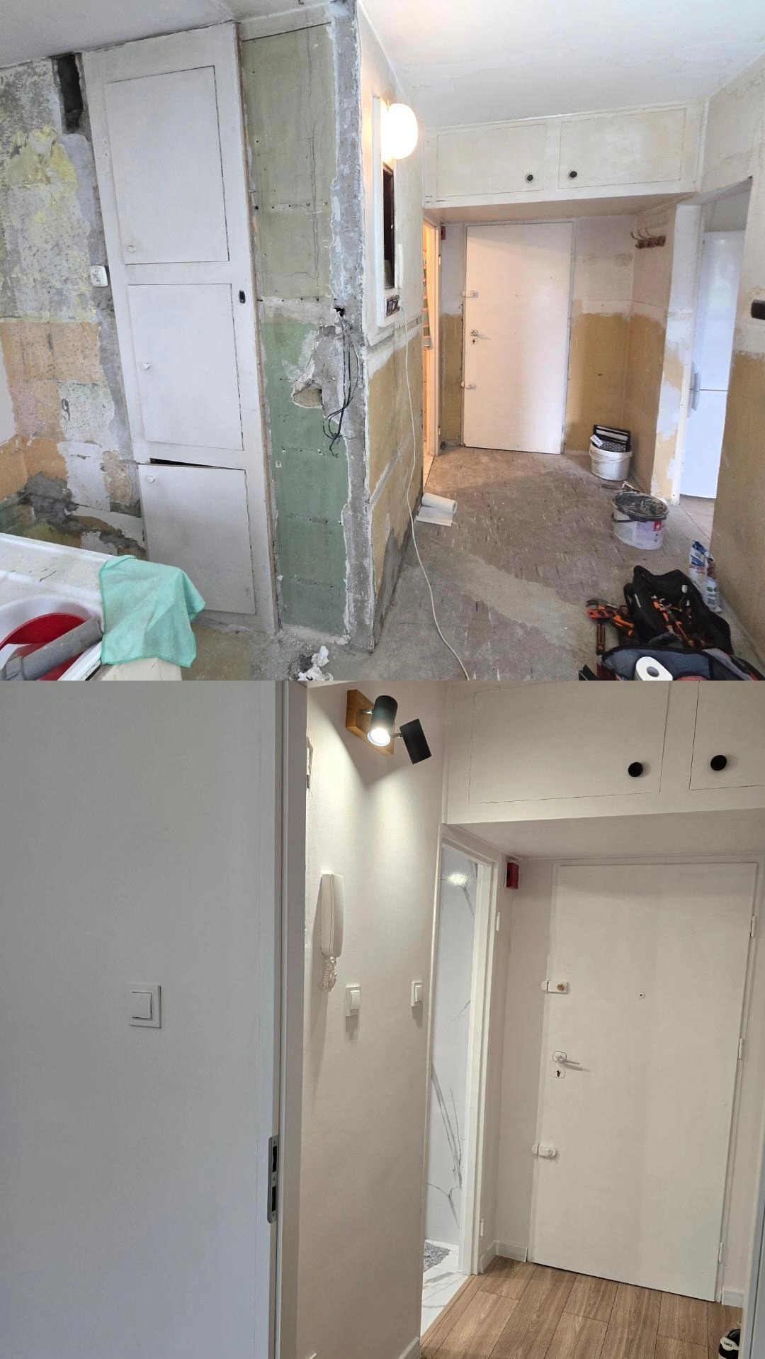 Zdjęcie 'przed i po' remontu przedpokoju: od surowych ścian z instalacjami do wykończonego wnętrza z gładzią, oświetleniem i nową podłogą.