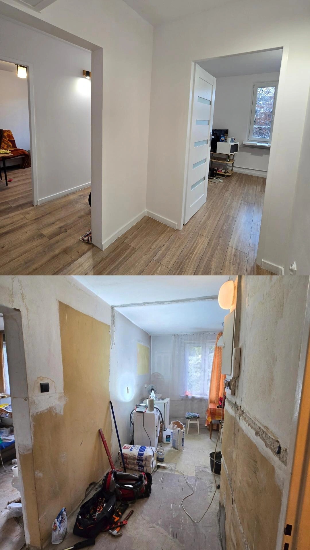 Zdjęcie 'przed i po' remontu korytarza: od surowych ścian z narzędziami do odnowionego wnętrza z drewnopodobną podłogą i białymi drzwiami z przeszkleniami.