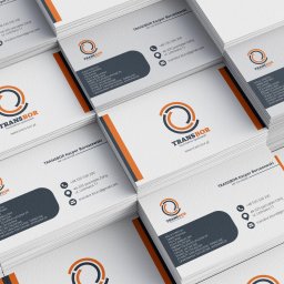 Vuno Samuel Widenka - Stos wizytówek z logo Transbor, prezentujący dane kontaktowe i listę oferowanych produktów opakowaniowych. Minimalistyczny design z pomarańczowymi akcentami.
