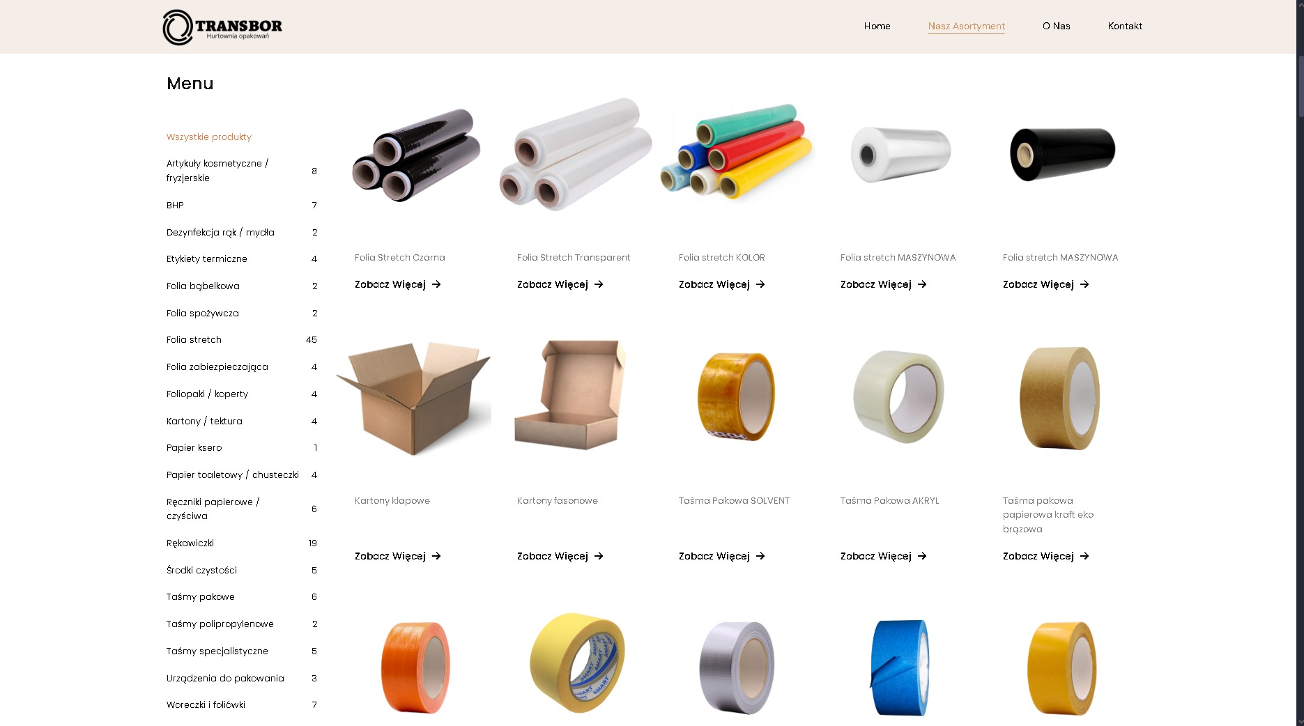 Asortyment sklepu internetowego z opakowaniami: folie stretch, kartony, taśmy pakowe. Produkty ułożone w siatce, z linkami 'Zobacz Więcej'.