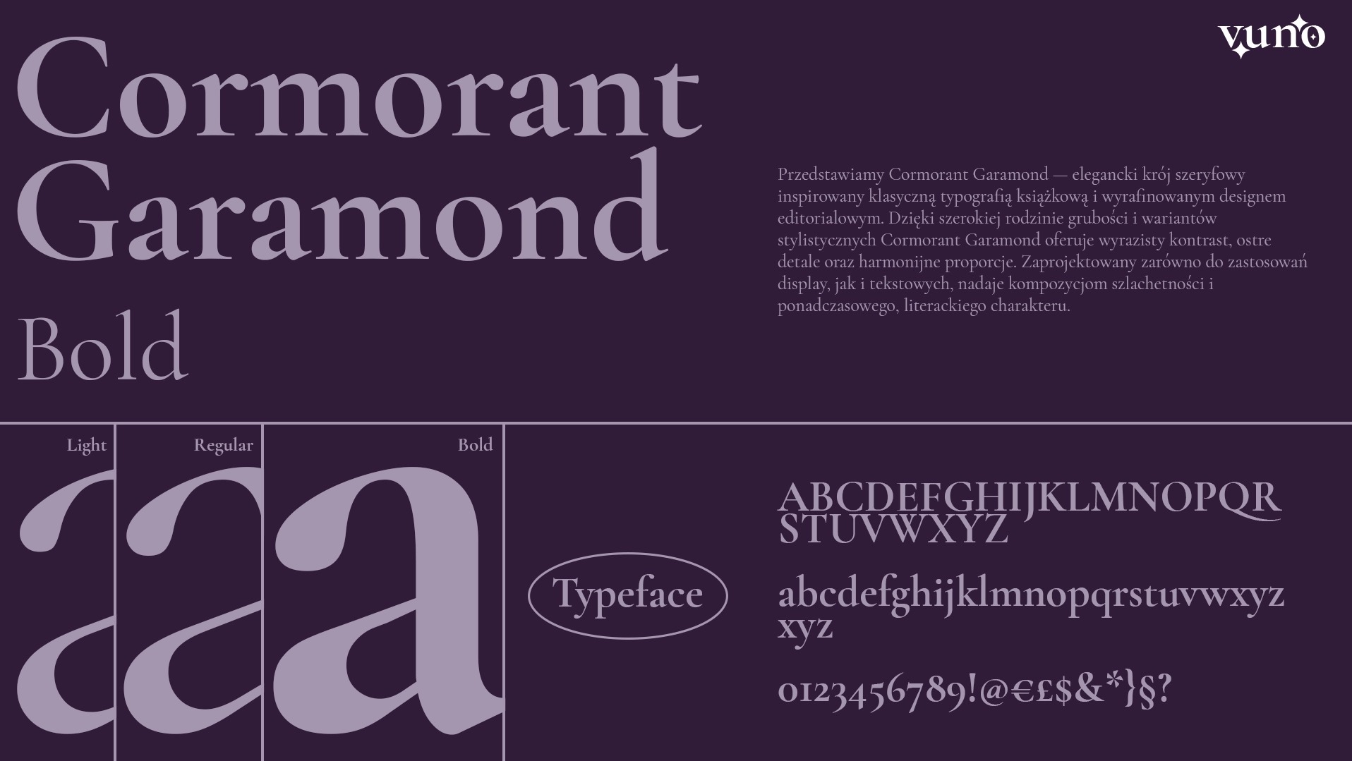 Prezentacja kroju pisma Cormorant Garamond w różnych wariantach grubości (Light, Regular, Bold) na fioletowym tle. Widoczne litery alfabetu i znaki specjalne.