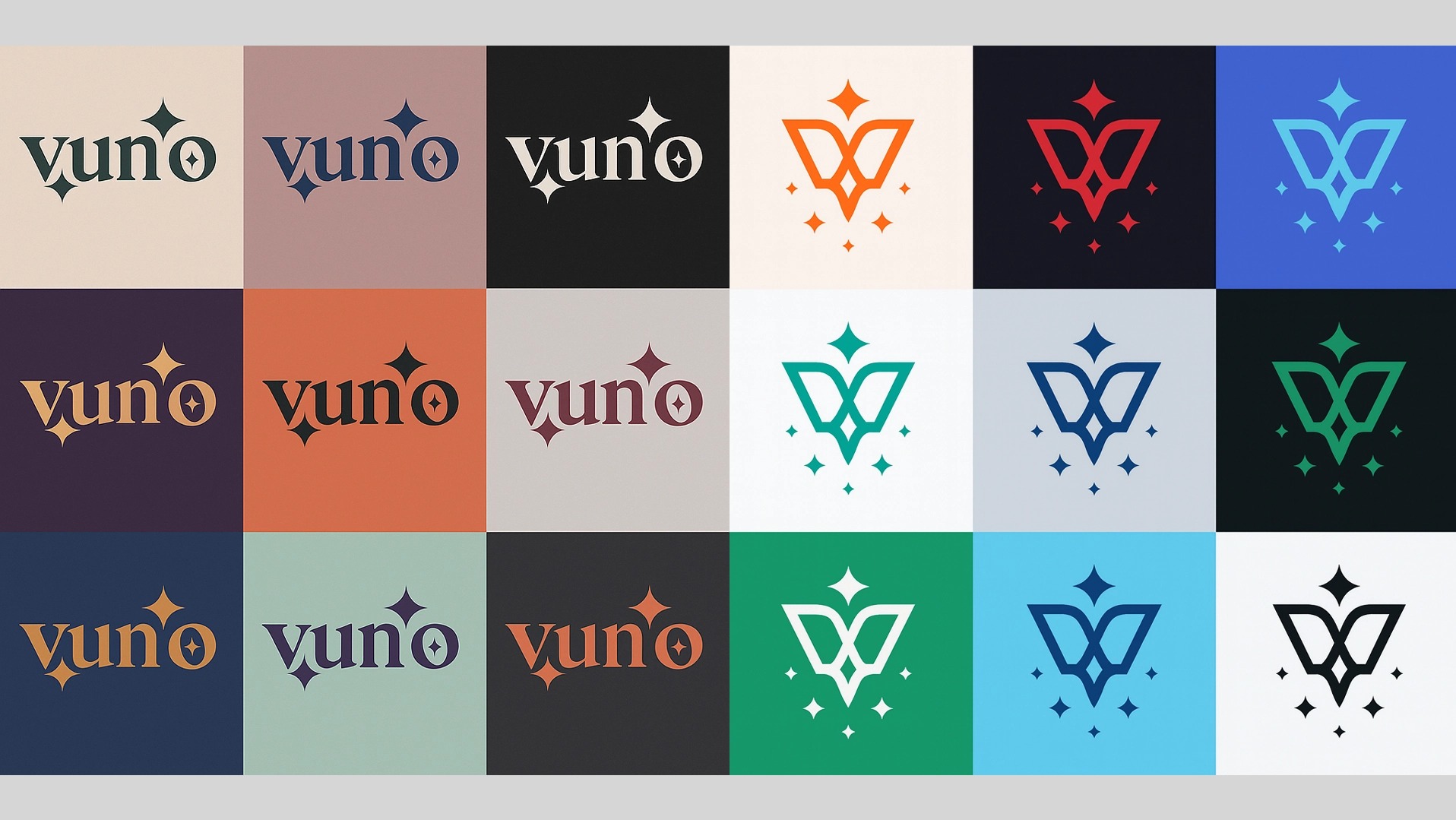 Kompilacja wariantów logo 'yuno' i ikony w różnych kolorach na kwadratowych tłach. Prezentacja identyfikacji wizualnej marki w formie mozaiki.