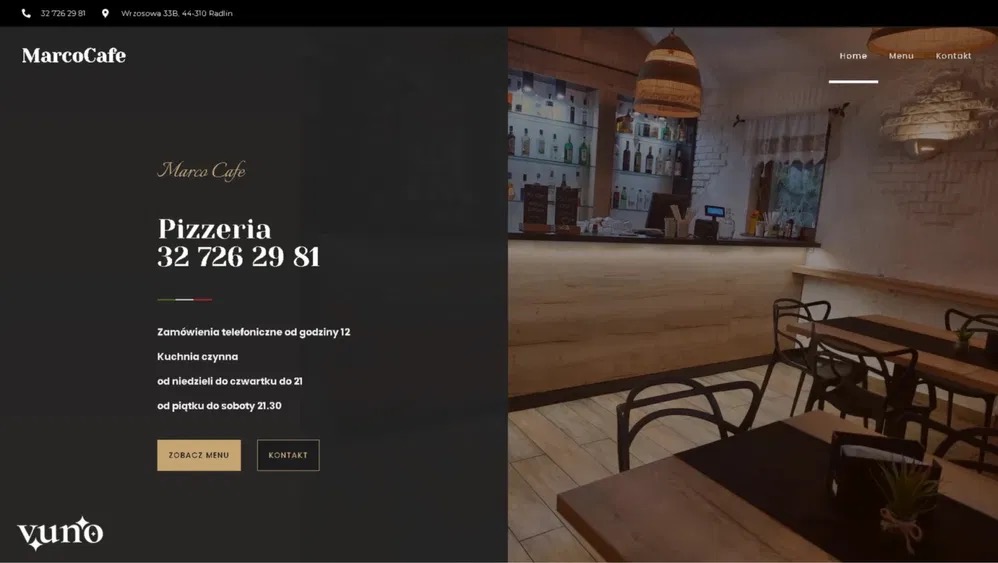 Strona internetowa pizzerii Marco Cafe z widokiem na wnętrze lokalu. Minimalistyczny design, ciemne tło z informacjami kontaktowymi i jasne wnętrze pizzerii.