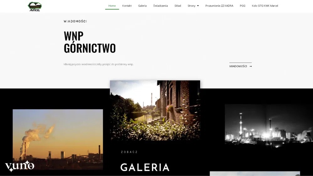 Strona internetowa WNP Górnictwo z galerią zdjęć w Bełsznicy. Widoczne logo firmy Marcel i menu nawigacyjne. Minimalistyczny design z akcentami górniczymi.