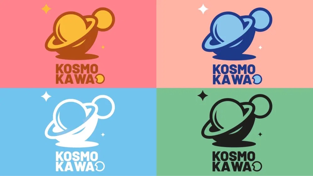 Cztery warianty kolorystyczne logo 'Kosmo Kawao' z planetą z pierścieniem i gwiazdkami na różowym, niebieskim, zielonym i łososiowym tle. Minimalistyczny, wektorowy design.