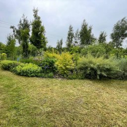 JIRASOFT GROUP SPÓŁKA Z OGRANICZONĄ ODPOWIEDZIALNOŚCIĄ - Ujęcie ogrodu z niską trawą i rabatą kwiatową z różnorodną roślinnością, w tle wysokie drzewa liściaste i fragment placu zabaw. Pochmurne niebo.