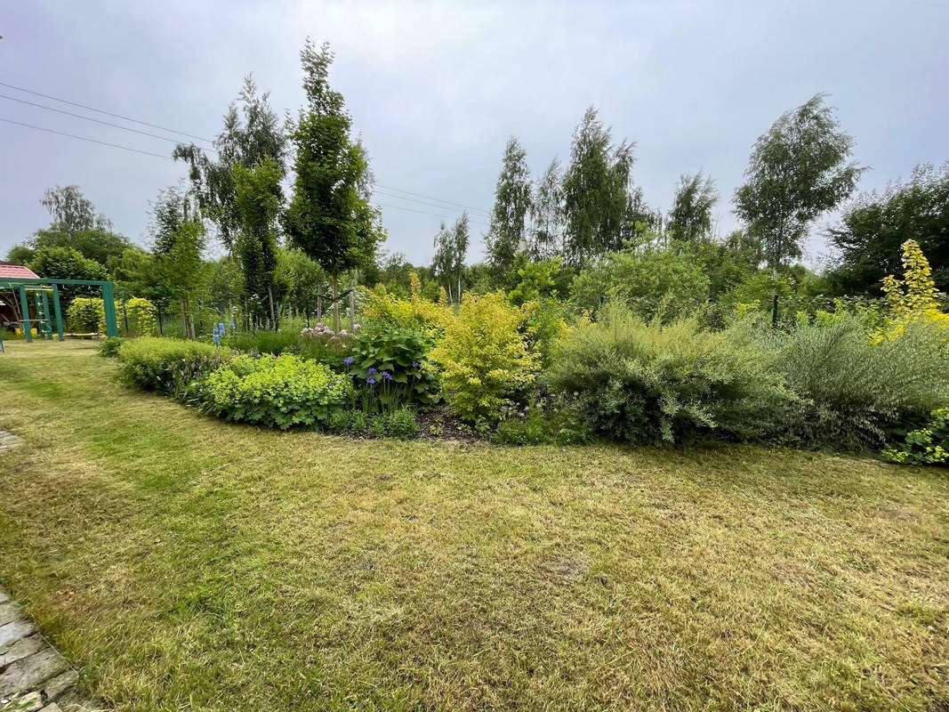 Ujęcie ogrodu z niską trawą i rabatą kwiatową z różnorodną roślinnością, w tle wysokie drzewa liściaste i fragment placu zabaw. Pochmurne niebo.