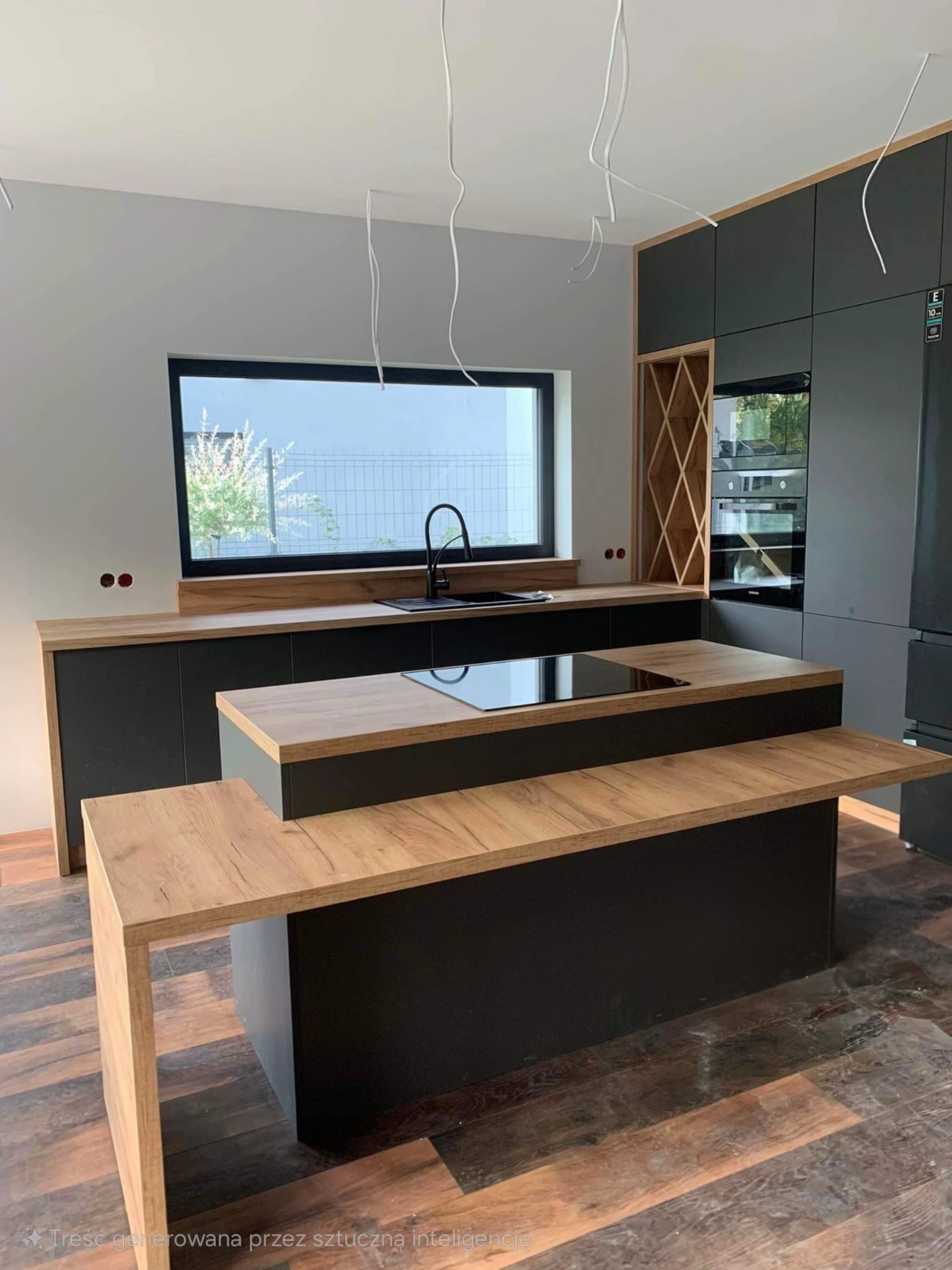 Nowoczesna kuchnia z wyspą i czarnymi frontami, drewniany blat, widoczne niedokończone kable, okno z widokiem na zewnątrz, drewniany regał na wino.