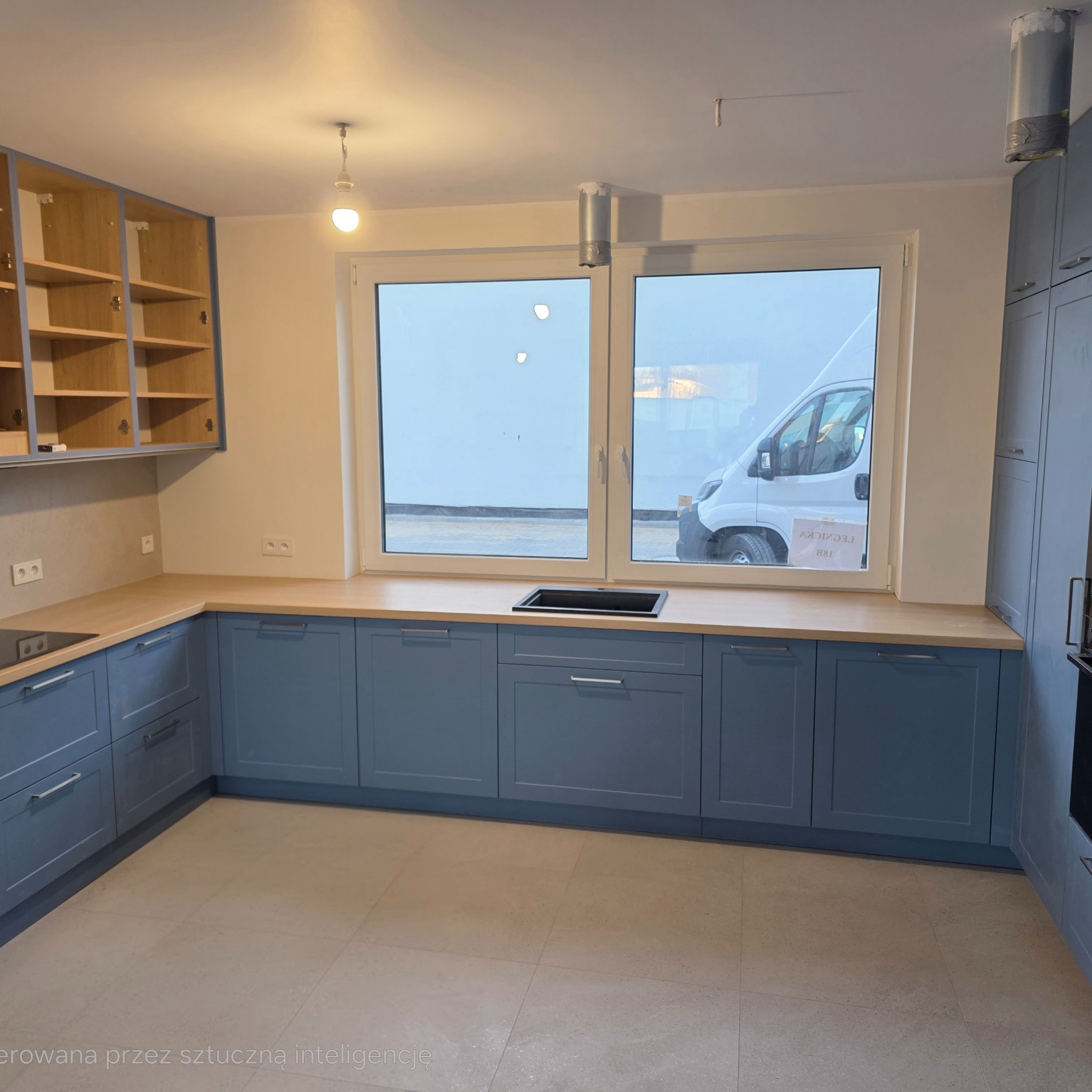 Niebieska zabudowa kuchenna z drewnianym blatem, widok na okno z zaparkowanym busem. Górne szafki częściowo przeszklone, minimalistyczne uchwyty.