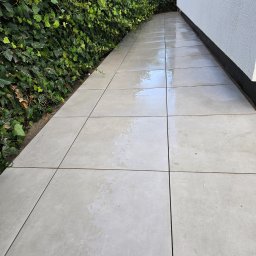 Mateusz Buschan - Ścieżka z jasnych, kwadratowych płyt ułożona wzdłuż ściany budynku i zielonego żywopłotu. Płyty lekko wilgotne, odbijają światło. Minimalistyczny design.