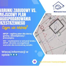 Martyna Sobczyńska - Infografika: Warunki zabudowy vs. Miejscowy Plan Zagospodarowania Przestrzennego. Wyjaśnienie różnic, plan działki z wymiarami, logo firmy Mistrzowie Inwestycji.
