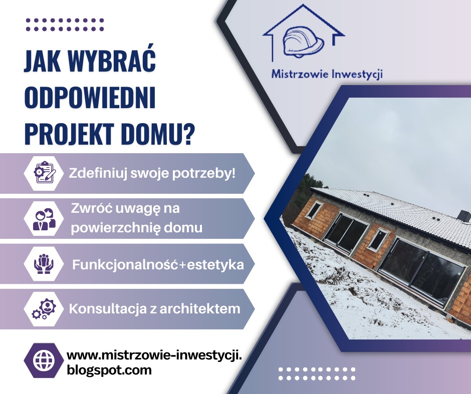 Infografika: Jak wybrać projekt domu? Zdefiniuj potrzeby, zwróć uwagę na powierzchnię, funkcjonalność, estetykę, konsultacja z architektem. Zdjęcie domu w budowie.