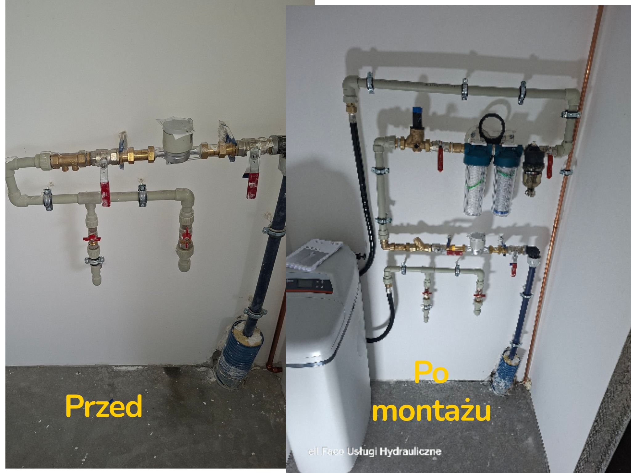 Zdjęcie 'przed i po' przedstawia instalację hydrauliczną na ścianie. Po lewej stan przed montażem, po prawej - po montażu z filtrami i zmiękczaczem wody.