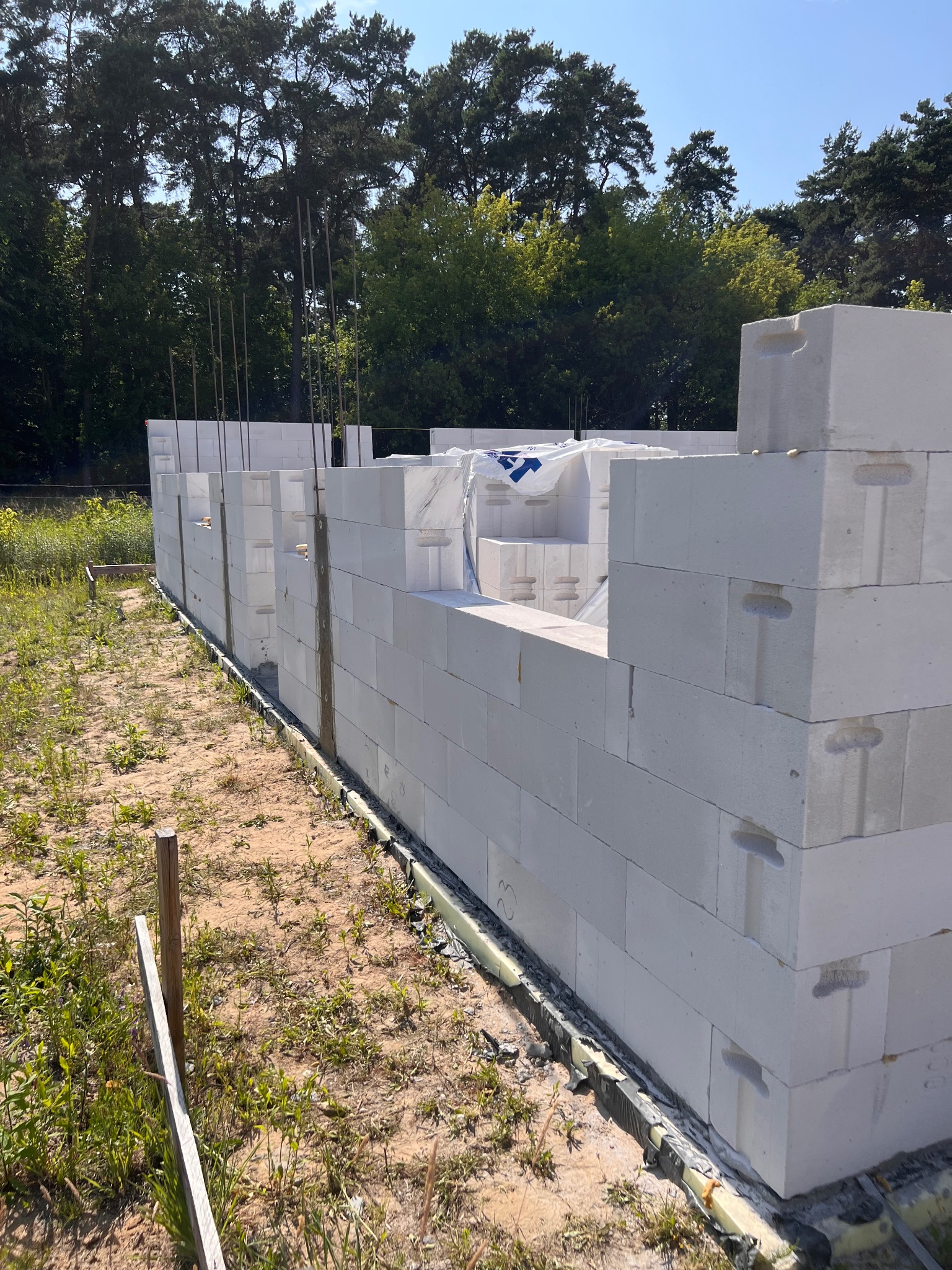 Wznoszenie ściany z białych bloczków betonu komórkowego na fundamencie. Widoczne pionowe pręty zbrojeniowe i częściowo rozpakowane bloczki. Tło stanowią drzewa.